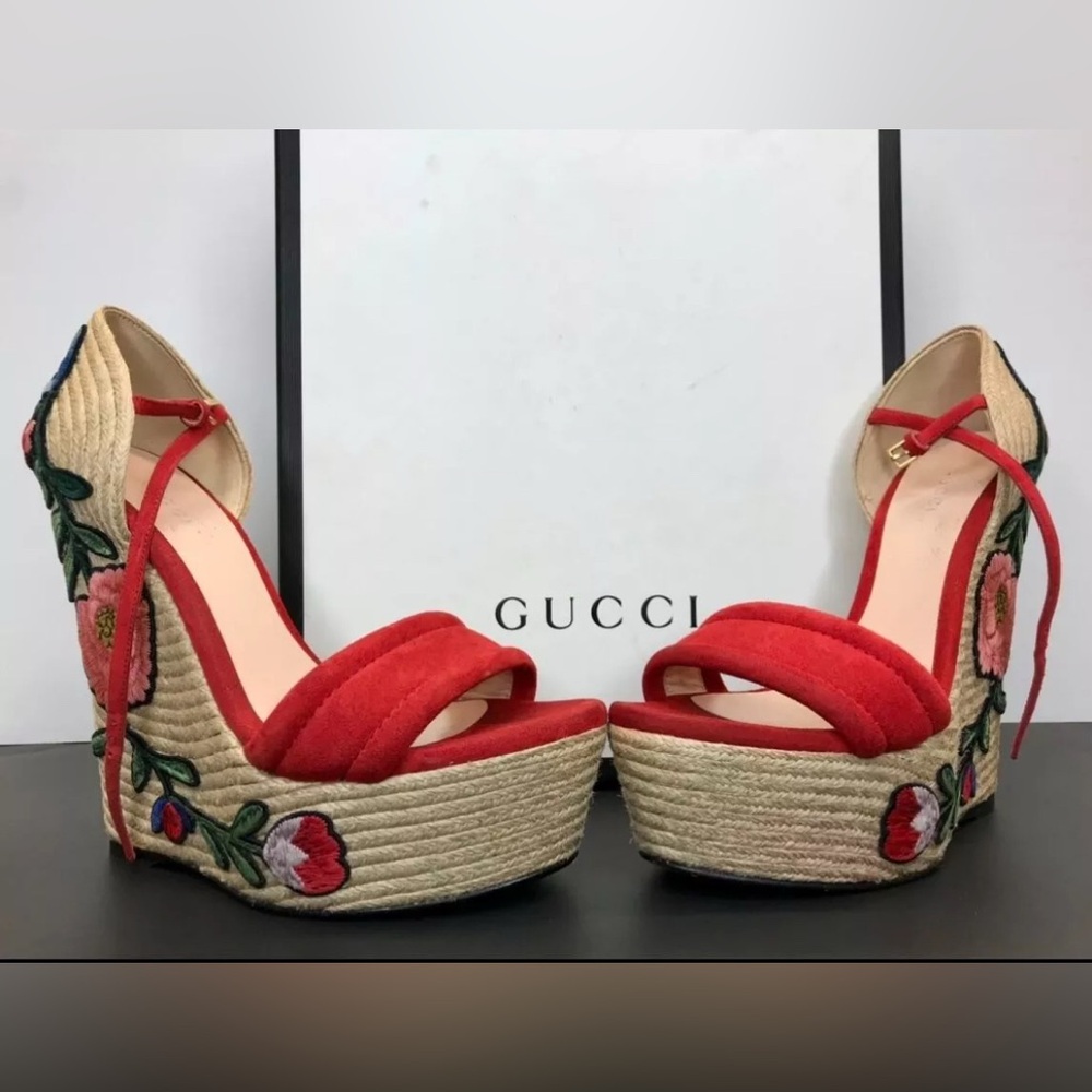 New Authentic Gucci Embroidered Floral Platform Wedges Women Size US 8.5